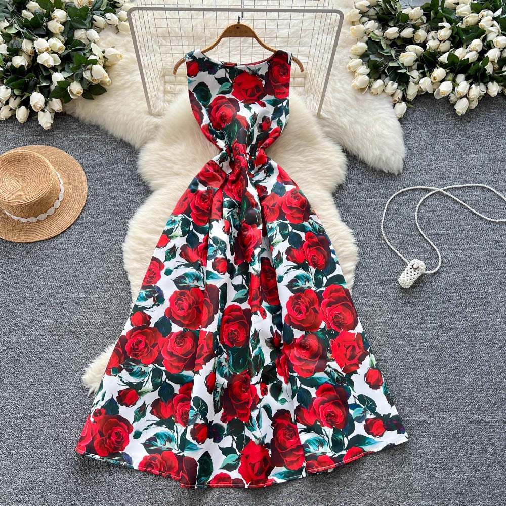 Women's Small Fashionable Retro Waist Slimming Sleeveless Fashion Printed Dress