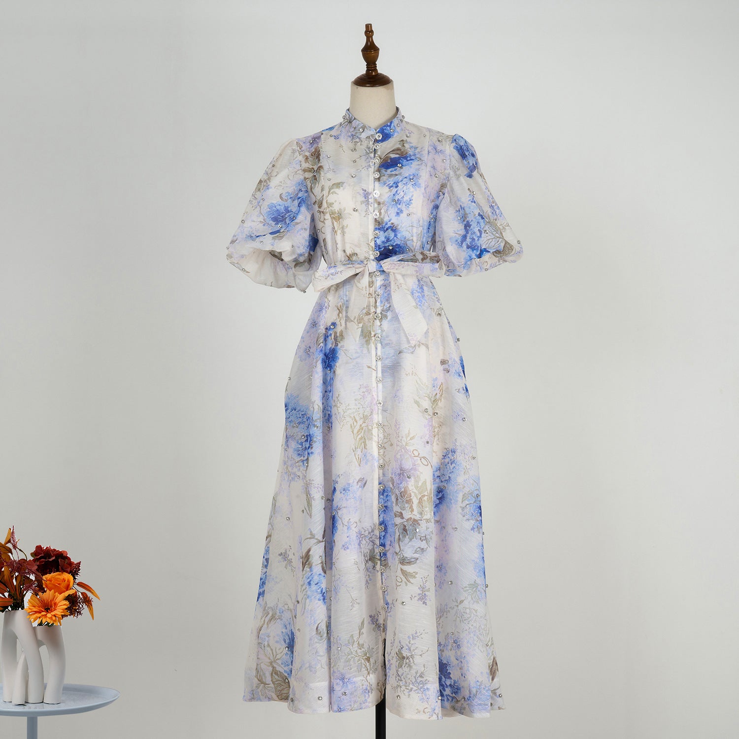 Summer Palace Style High Design Sense Rhinestone Sleeve Single-breasted Long Dress