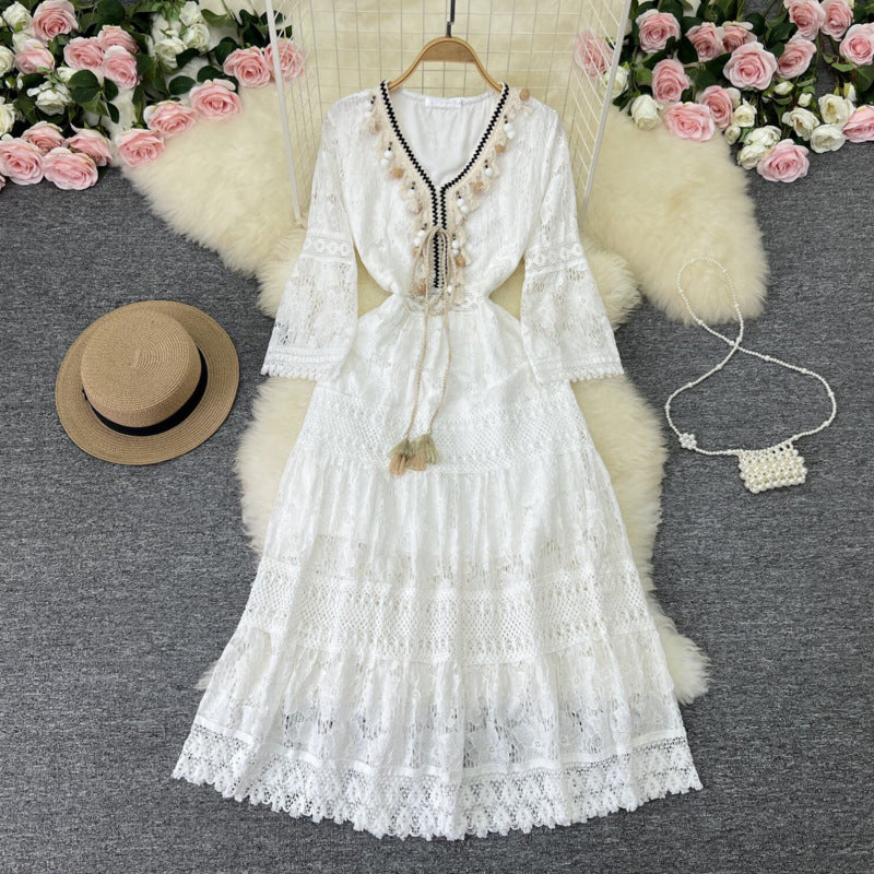 Women's Vintage Tassel Lace Stitching Casual Bohemian Style Vacation Dress