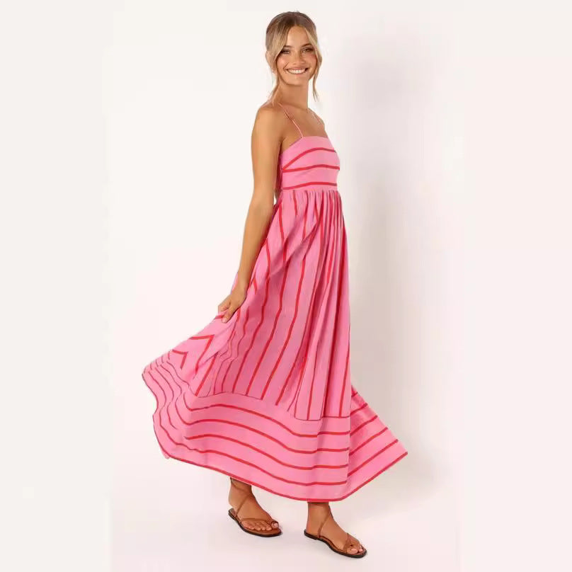 Striped Sleeveless Sling Backless Large Swing Dress