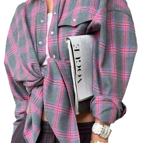 Women's Retro Style Loose Shirt Fashion Plaid Blouse