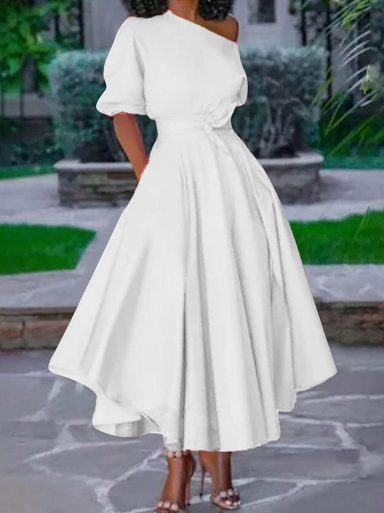 Oblique Shoulder Strap Elegant Solid Color Dress