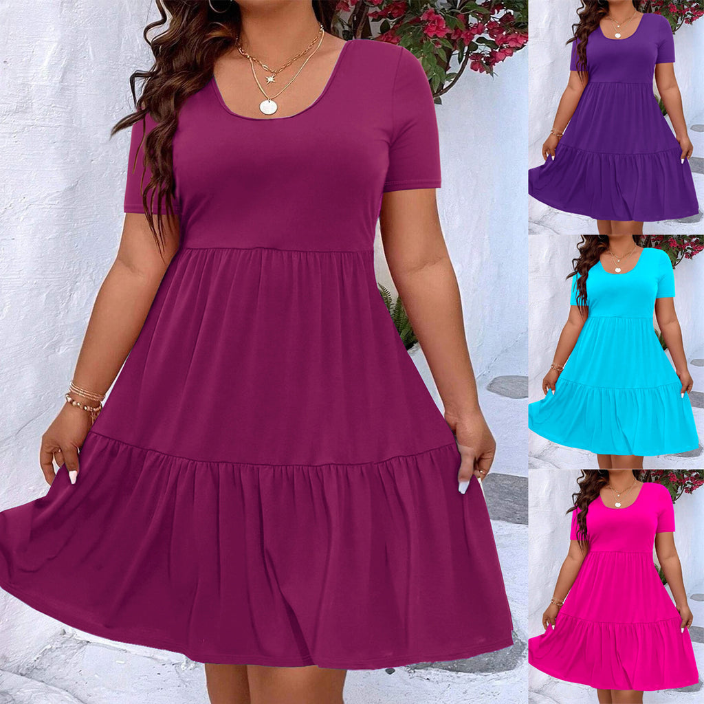Women's Large Pleating Pure Color Simple Casual Elegant Round Dress