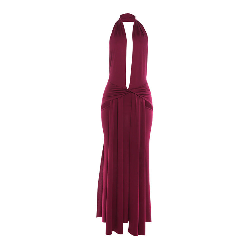 Women's Winter Fashion Sexy Halter Deep Backless Split Dress