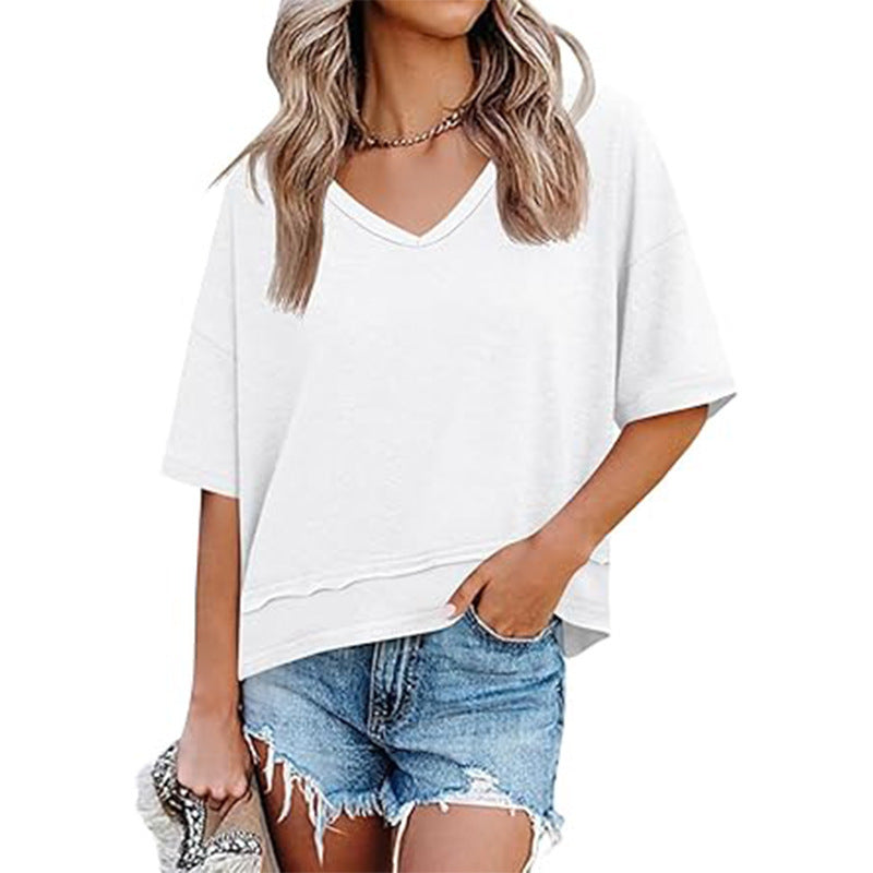 Women's Summer Fashion Wear Solid Color Stitching Women's T-shirt