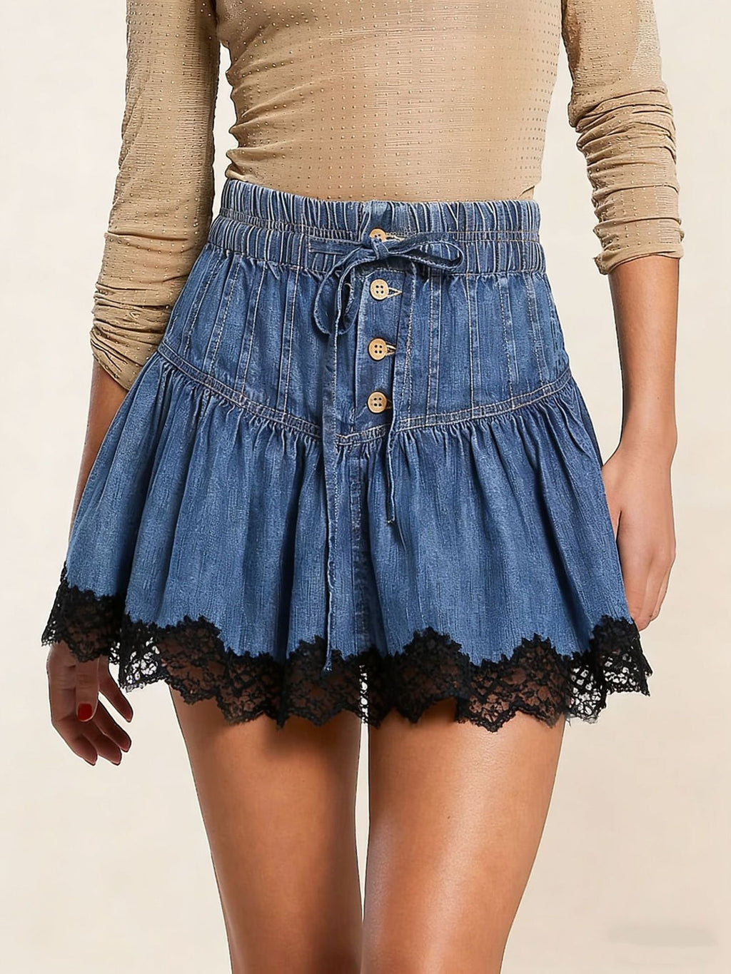 Blue Elastic Waist Denim A- Line Pants