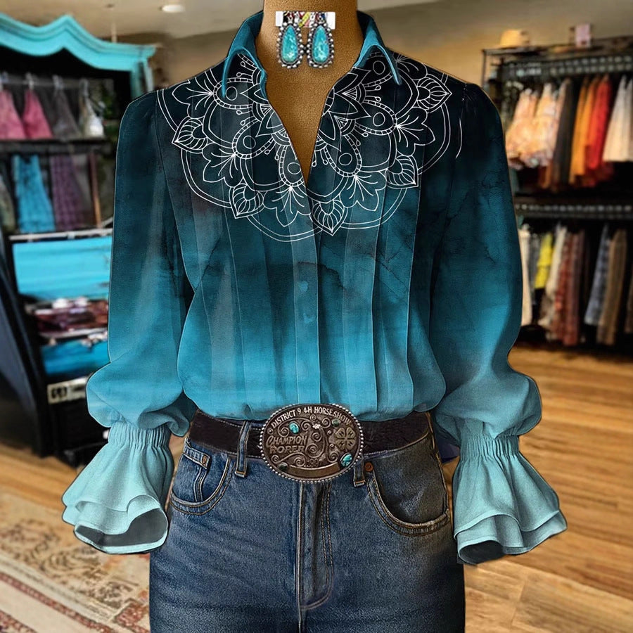 Women's Digital Printing Bohemian Trendy Bell Sleeve Blouse