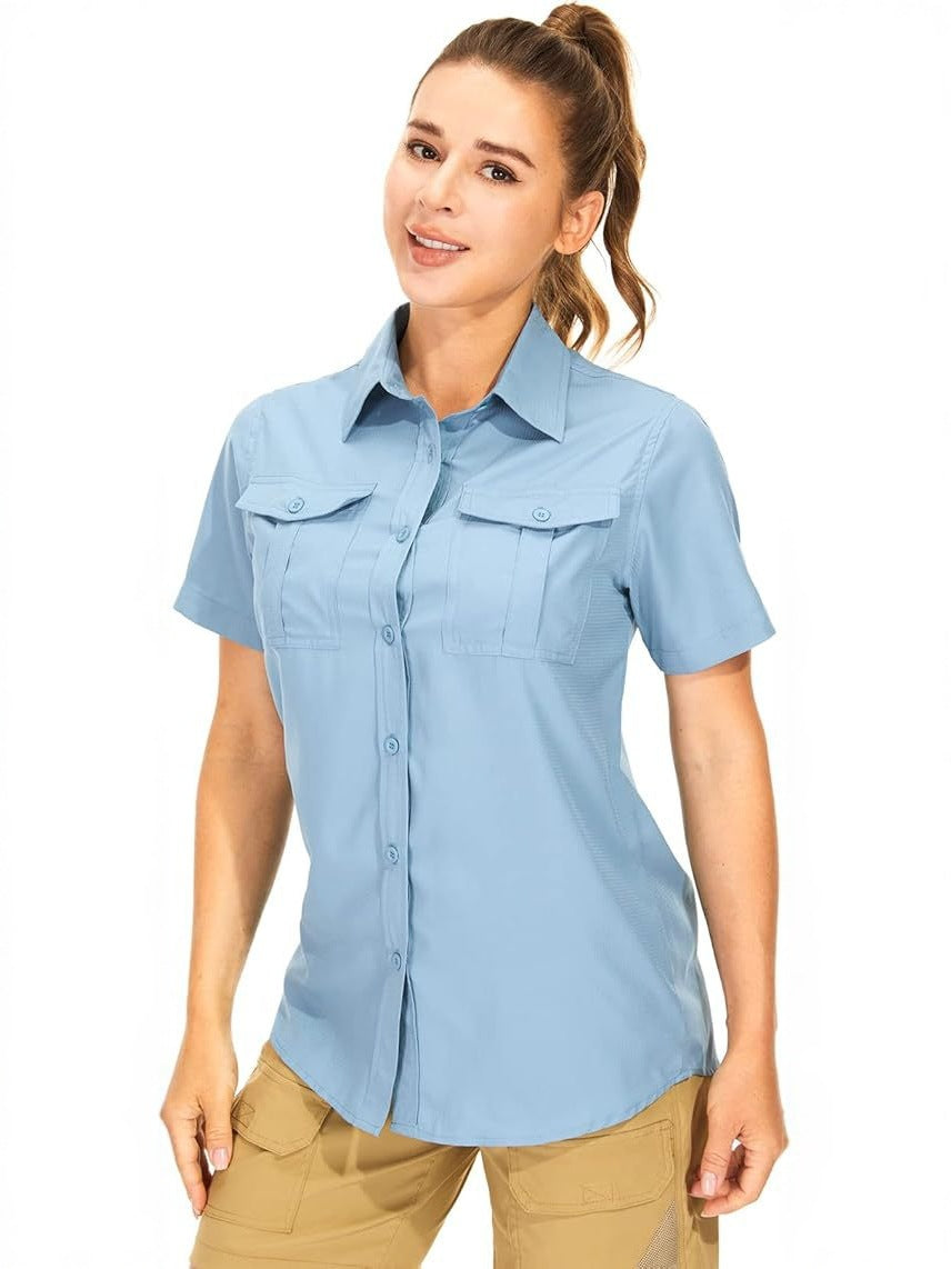 Women's Short-sleeved Shirt Solid Color Polo Collar Pocket Breathable Outdoor Leisure Blouse