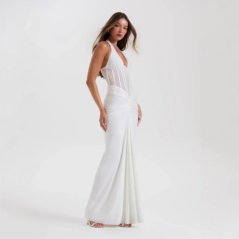 Women's Halter Banquet Sexy Backless Pleated Sheath Dress