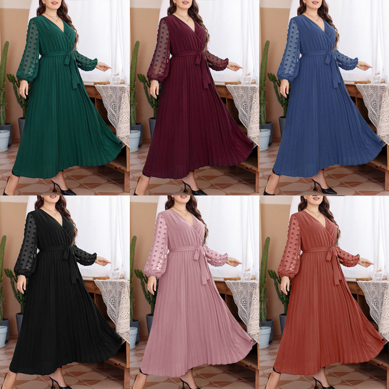 Women's Pure Color Elastic Waist Stitching Dress