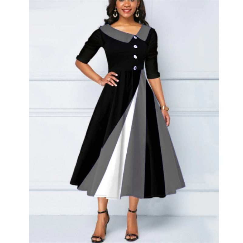 Women's Fastener Decoration Printed Large Swing Sleeve Dress