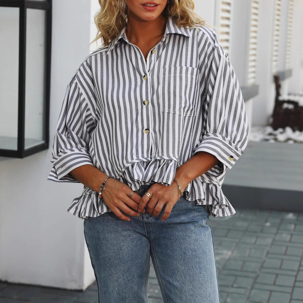 Women's Commuter Striped Lace Hem Loose Shirt Half Blouse