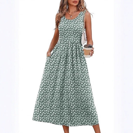 Women's Summer Printed Large Swing Sleeveless Pocket Dress
