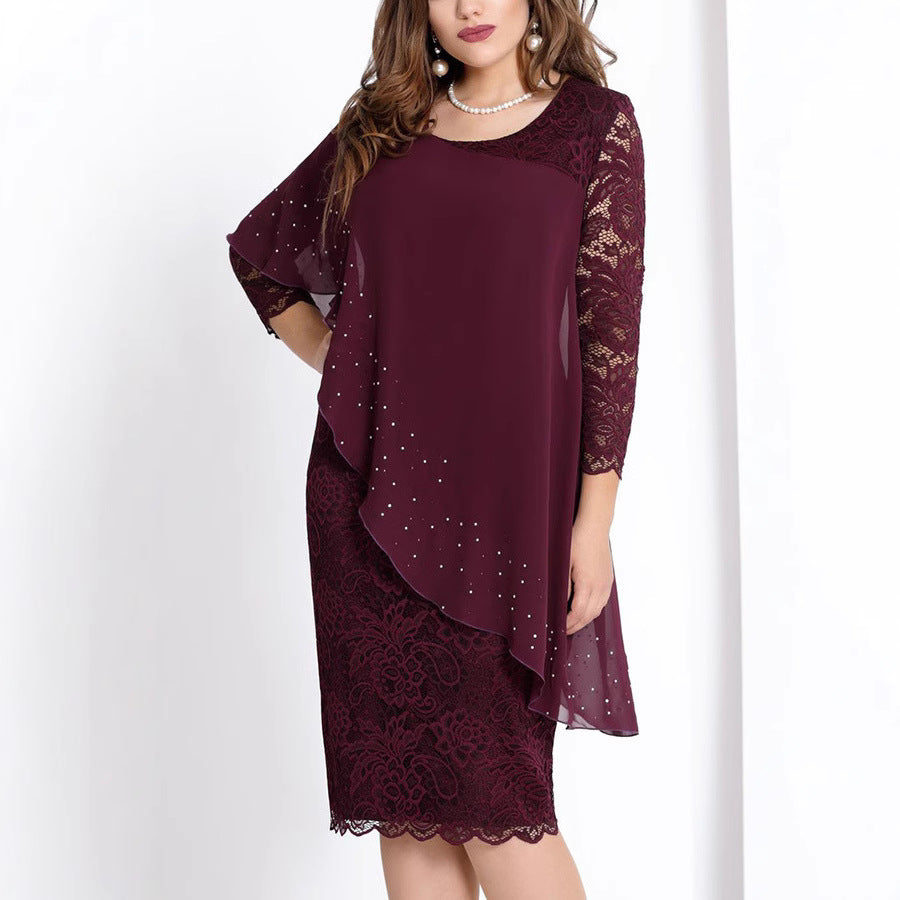 Large Solid Color Lace Stitching Elegant Cropped Dress