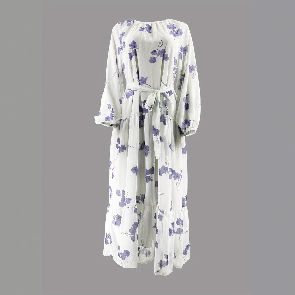 Women's Fashionable Elegant Holiday Round Neck Chiffon Flower With Belt Dress