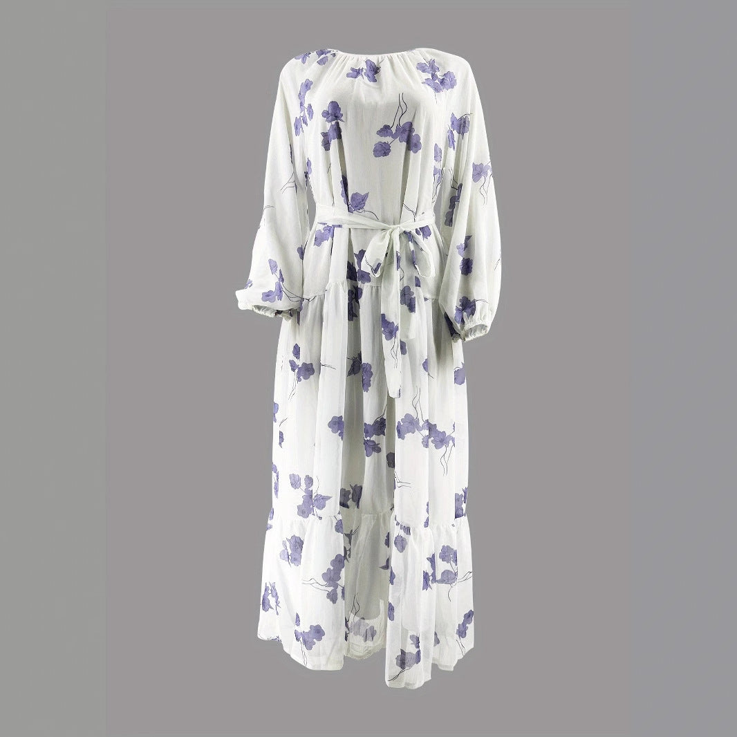 Women's Fashionable Elegant Holiday Round Neck Chiffon Flower With Belt Dress