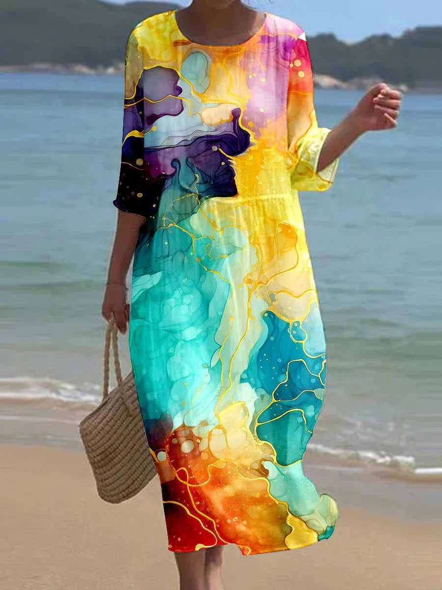 Women's Summer Loose Round Neck Fashion Long-sleeved Dress