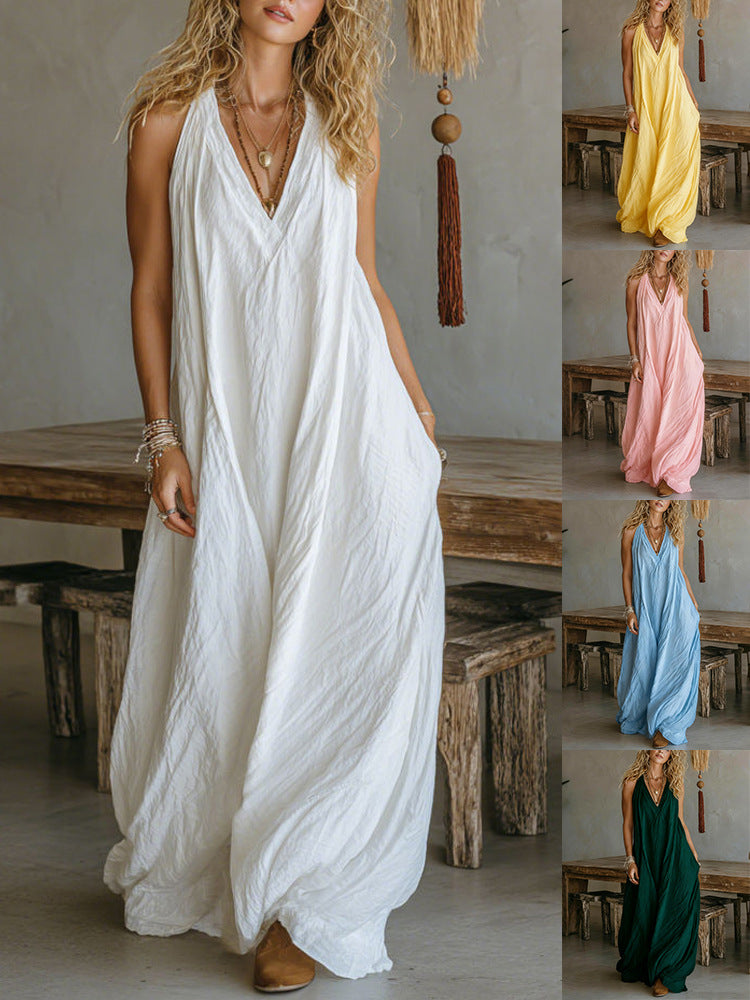 Women's Casual Sleeveless Loose Pockets Full-length Dress