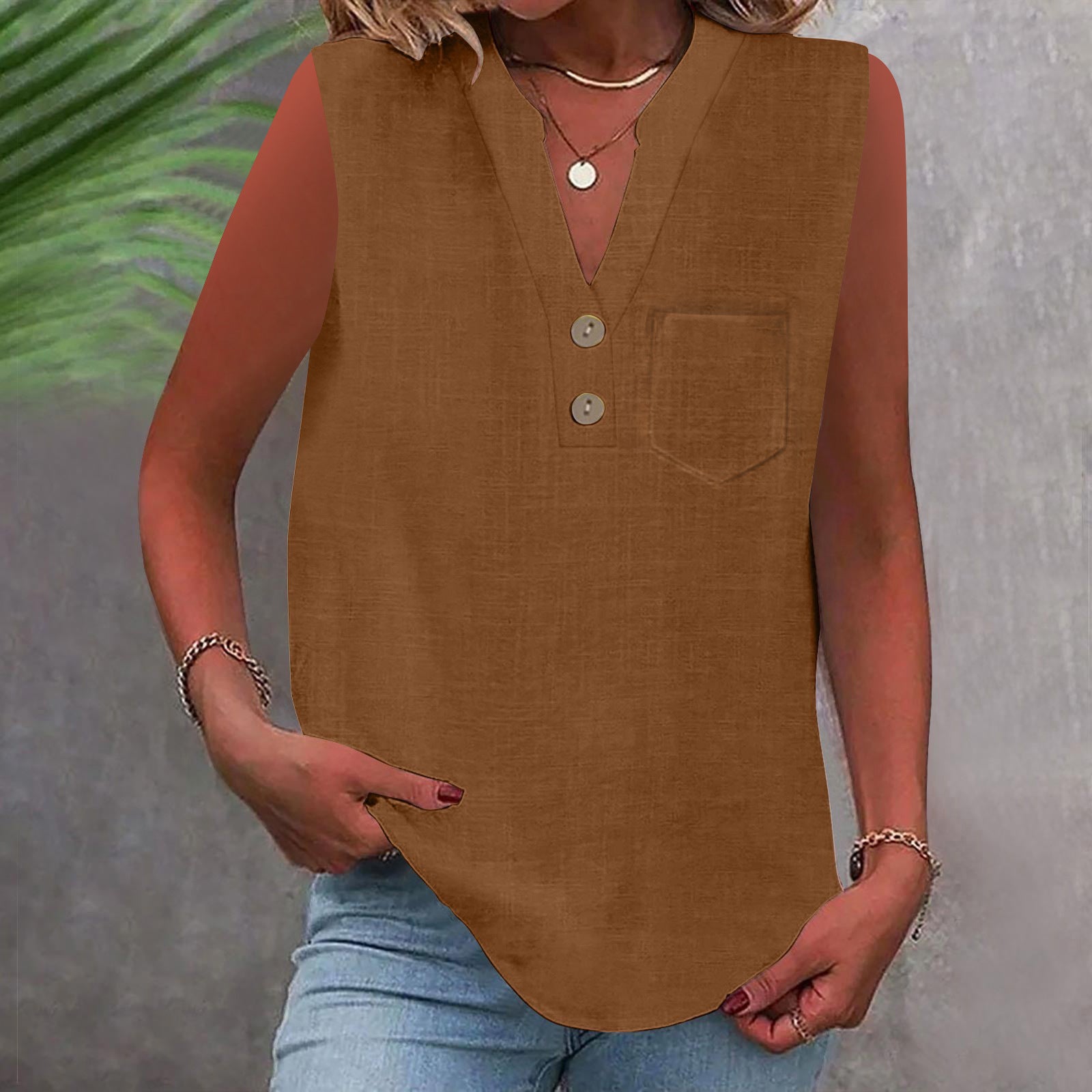 Women's Large Loose Slub Cotton Pocket Idle Tops