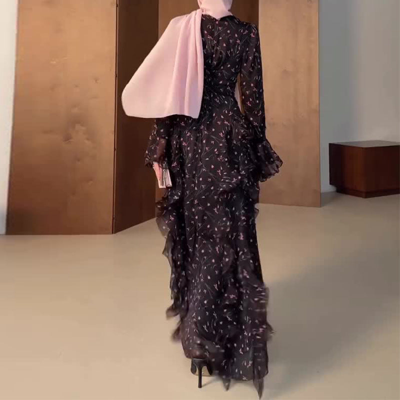 Women's Long Sleeve Elegant Ruffled Floral Dress