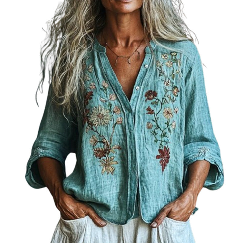 Lake Blue Imitation Embroidery Long Sleeve Blouse