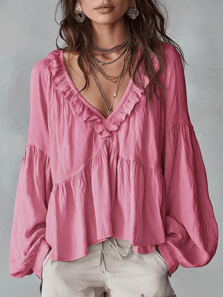 Casual Sweet Wooden Ear Puff Sleeve Pleated Blouse