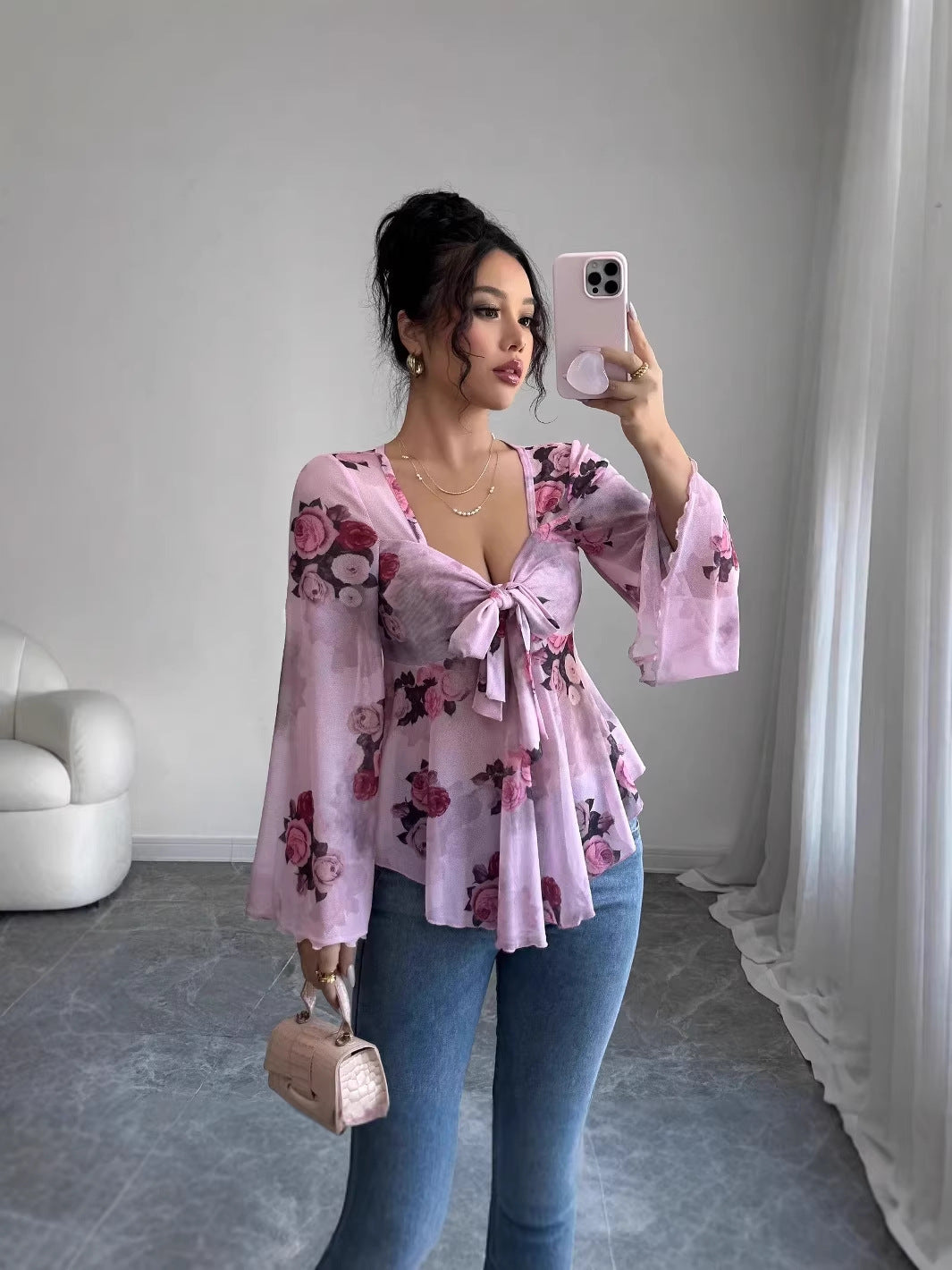 Design Sense French Sweet Flower Blooming Square Collar Long Blouse