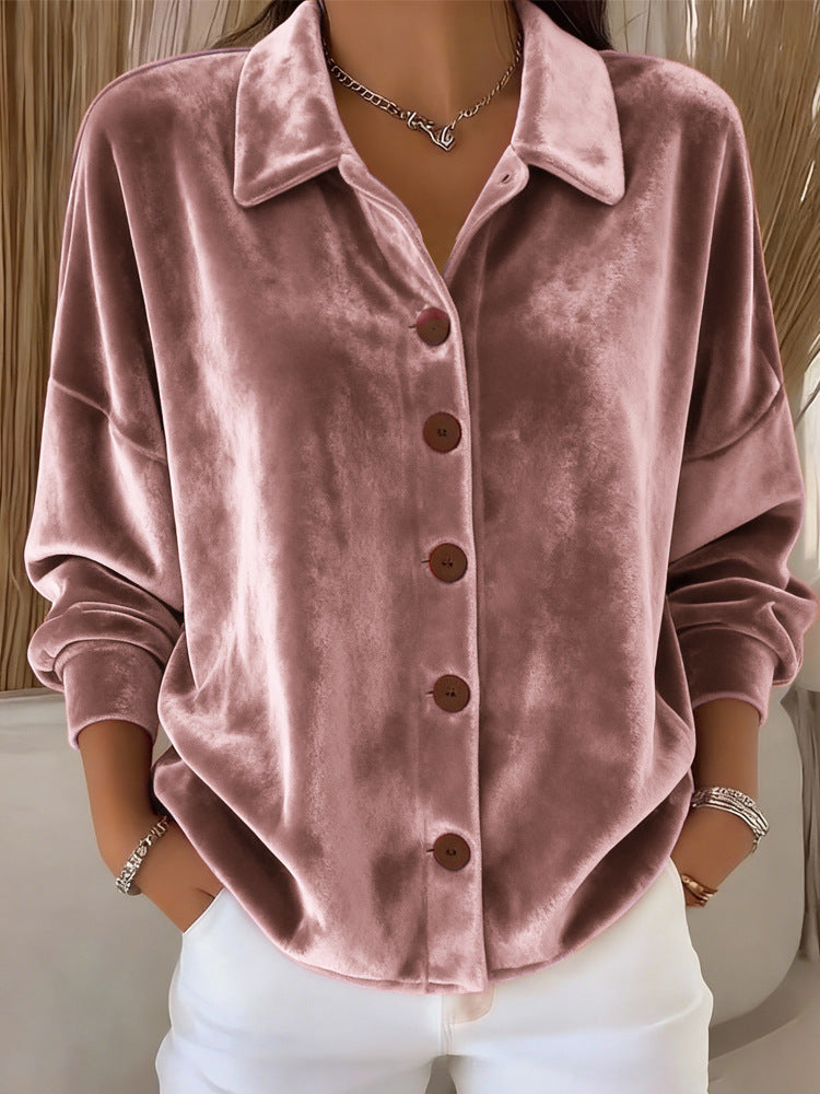 Women's Casual Long-sleeved Shirt Collar Gold Veet Tops