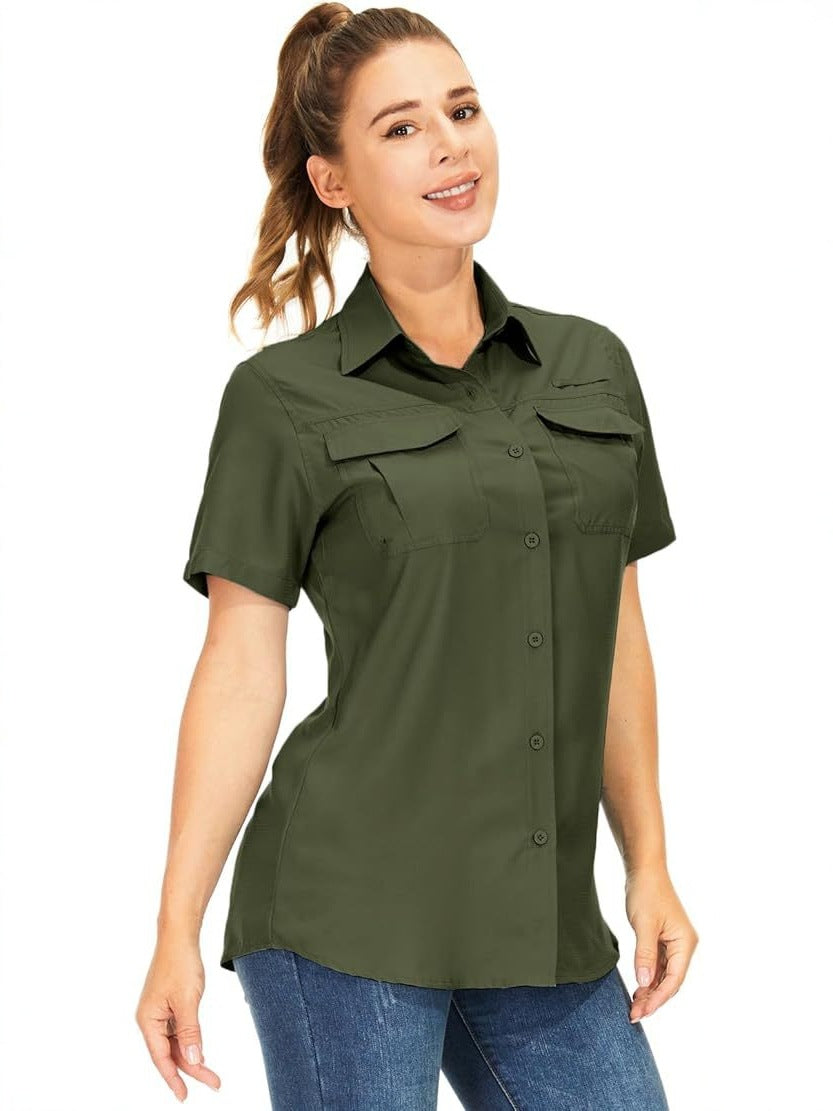 Women's Short-sleeved Shirt Solid Color Polo Collar Pocket Breathable Outdoor Leisure Blouse