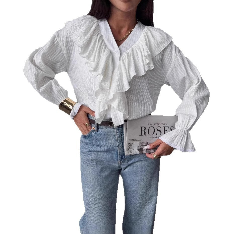 Flounce French Style Retro Design Long Sleeve Shirt Early Spring Tops