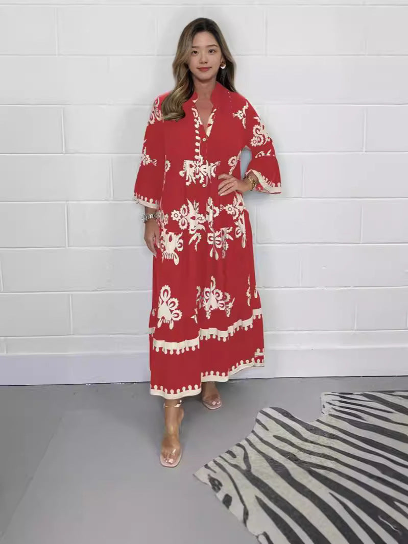 Women's Elegant Print Stand-up Collar Cinched Dress