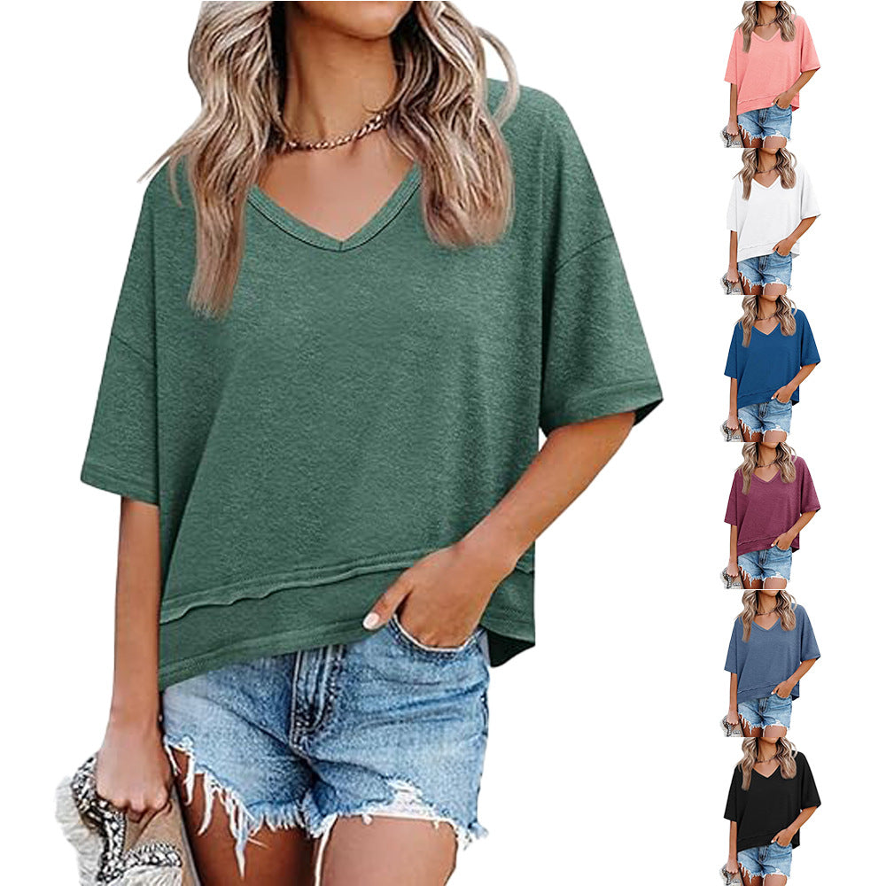 Women's Solid Color Half Sleeve Hem Stitching Women's T-shirt