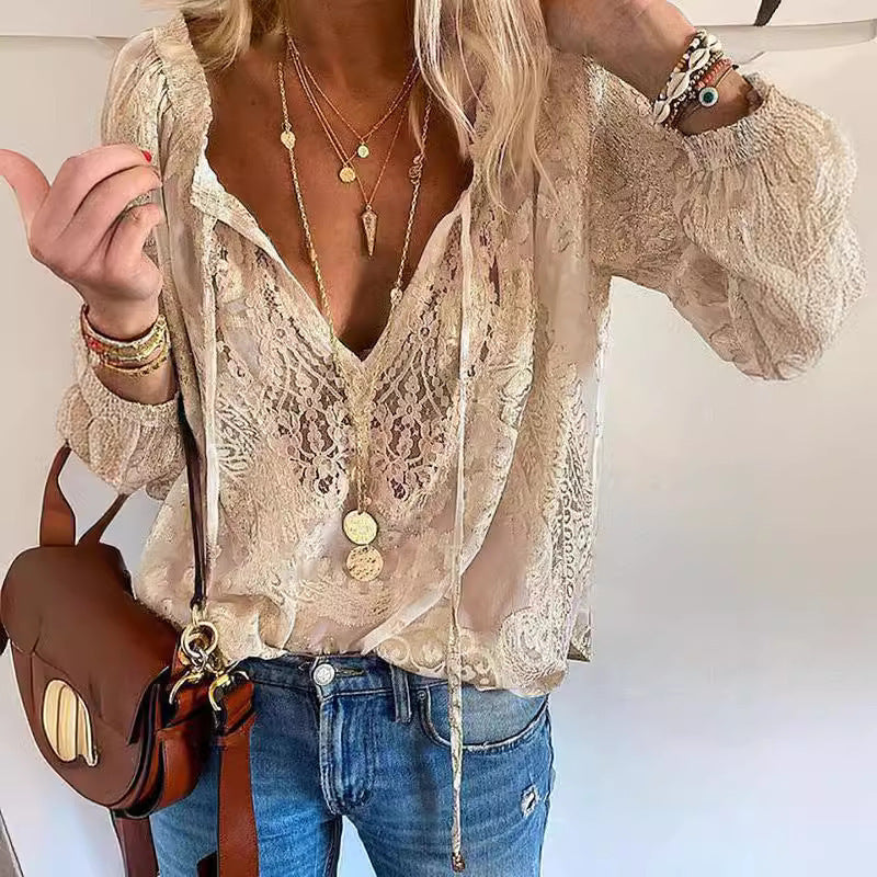 Temperament Commute Loose Printed Lace Solid Color Blouse
