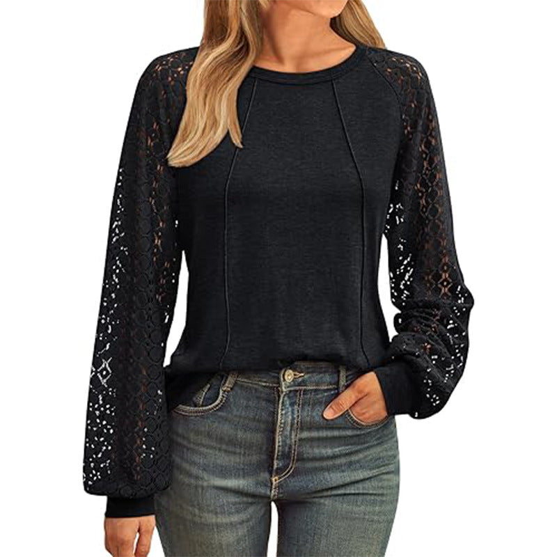 Women's Lace Patchwork Round Neck Pleated Long Tops