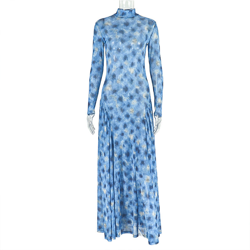 Women's Printed Tight Waist Slimming A- Line Turtleneck Print Skirts