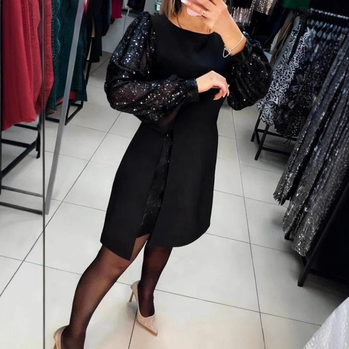 Durable Elegant Stitching Sequined Puff Sleeve Dress