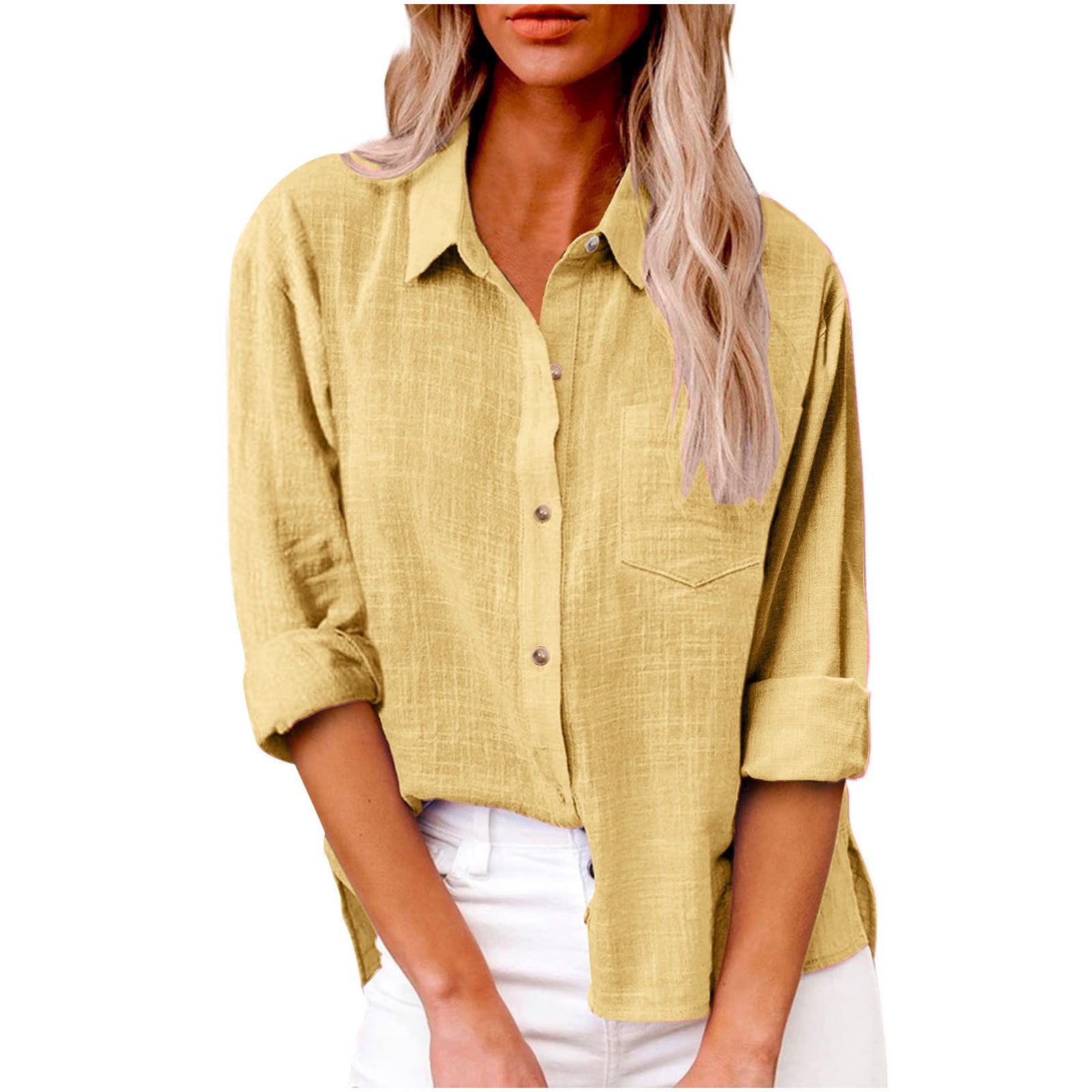 Women's Solid Colored Lapel Button Long-sleeved Cotton Linen Blouse