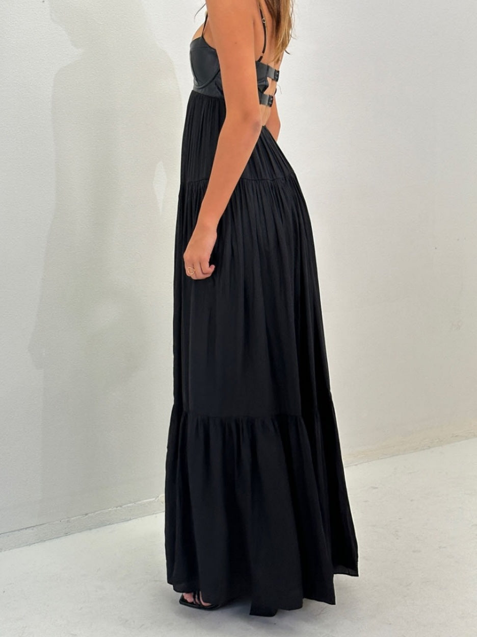 Women's Summer Sexy Backless Spaghetti Straps Leather Dress