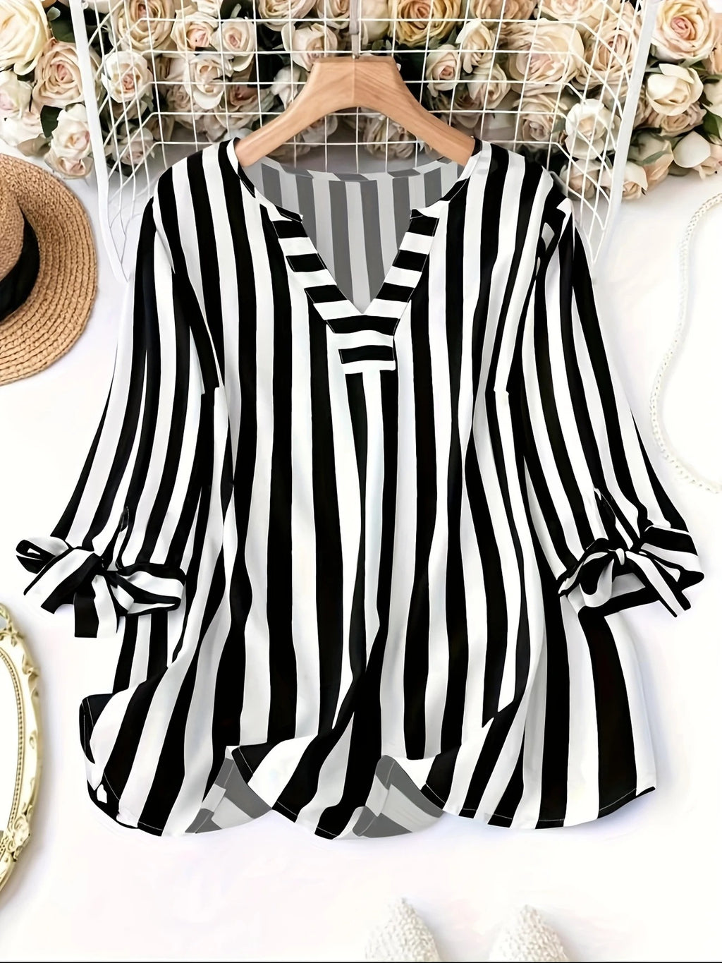 Autumn Summer Striped Three-quarter Sleeve Casual Blouse