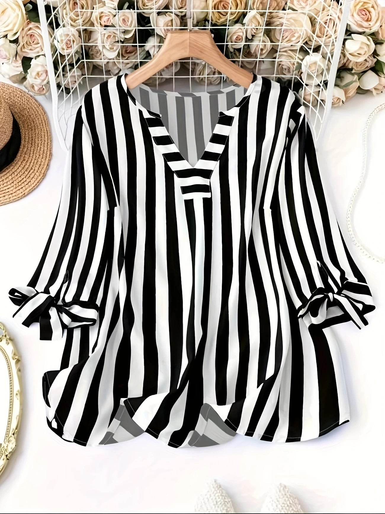 Autumn Summer Striped Three-quarter Sleeve Casual Blouse