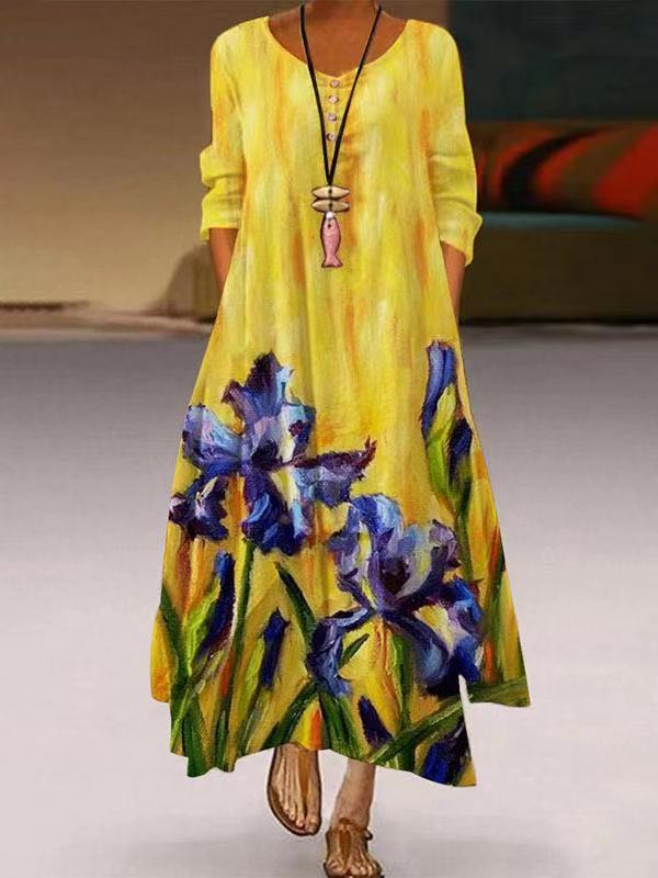 Women's Popular Printed Long-sleeved Hem Irregular Long Dress