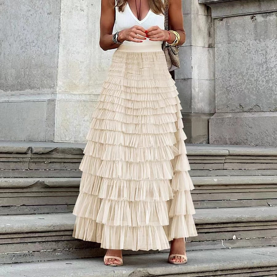 Women's French Style Long Autumn Elegant Solid Color High Waist Net Skirts