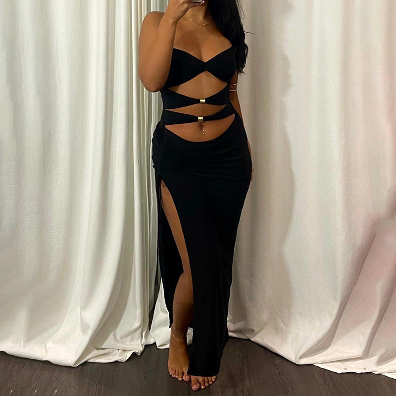 Women's Metal Buckle Split Hot Halter Tied Dress
