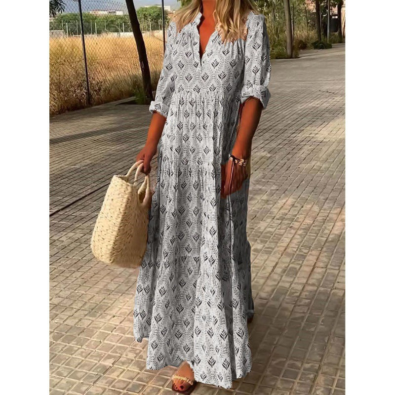Women's Summer Retro Standing Collar Fashion Loose Dress