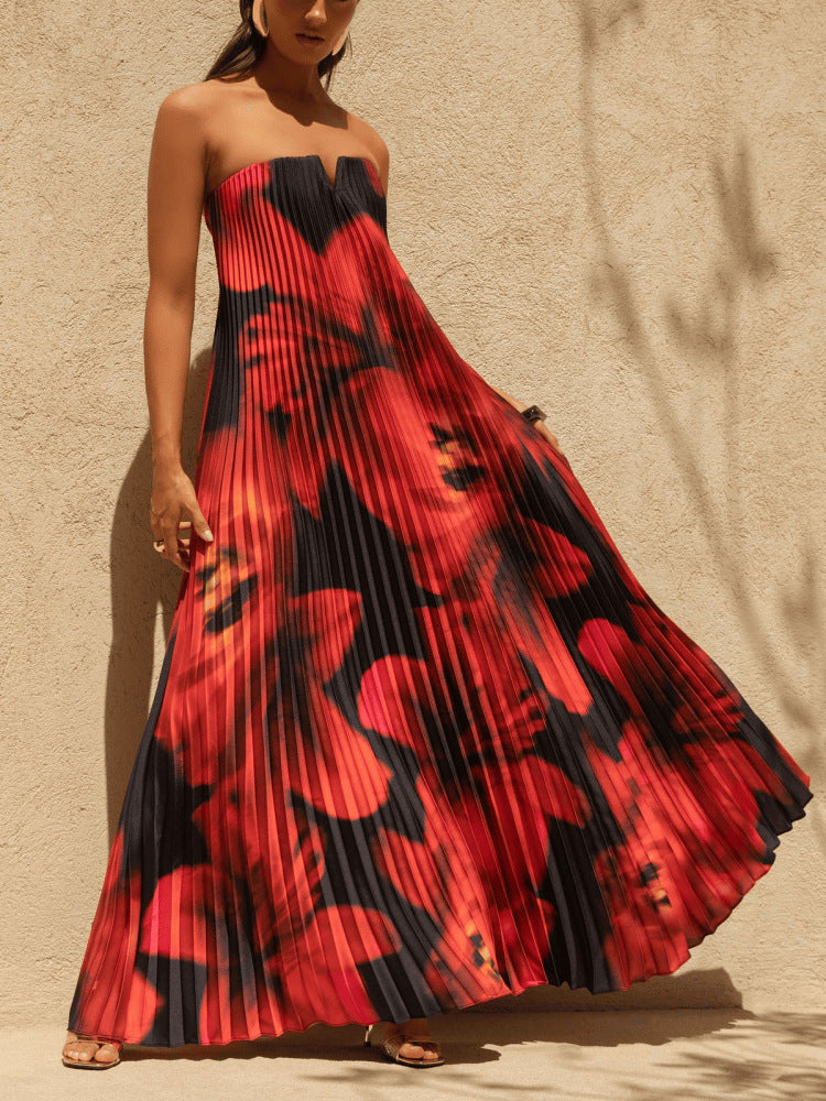Women's Printed Tube Loose Pleated Long Dress