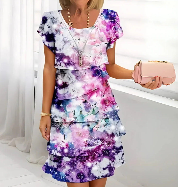Sleeve Round Neck Printed Series Light Luxury Dress