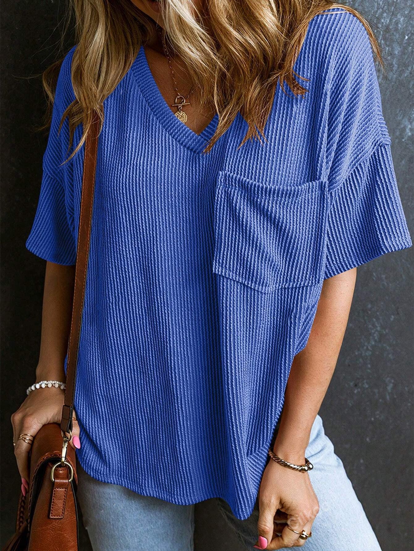 Women's Fashionable Two-color Twisted Pocket Short-sleeved For Tops