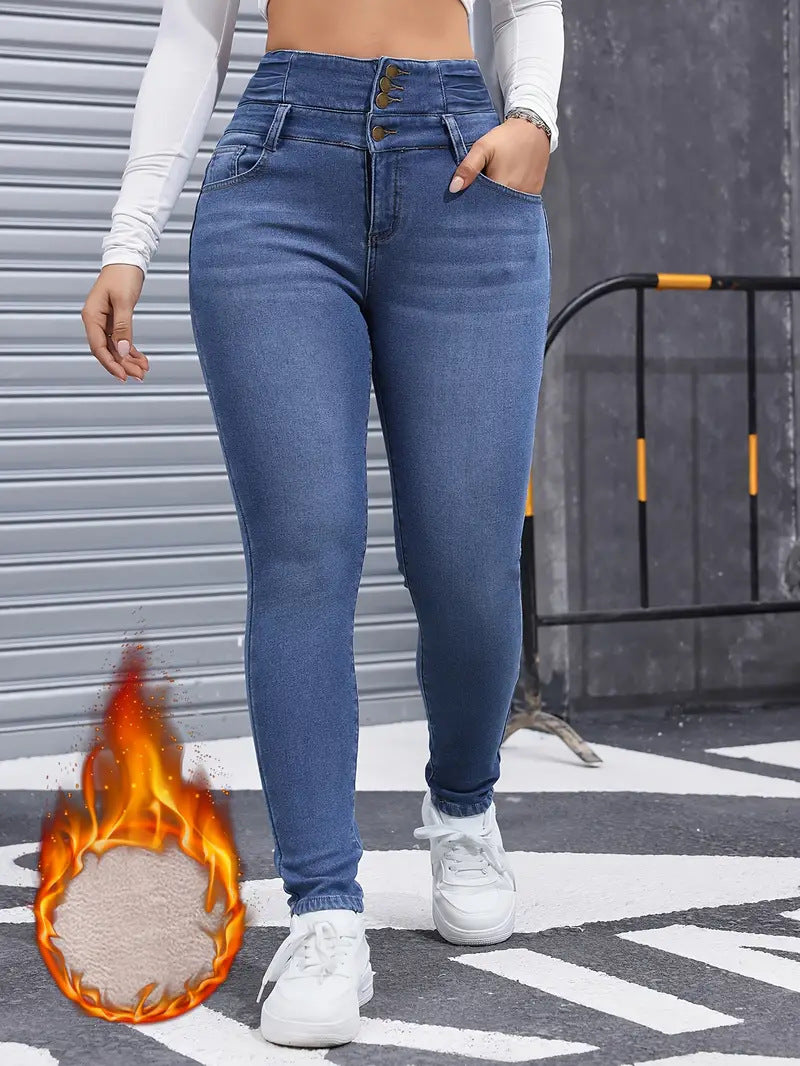 Women's Fleece-lined Elastic Skinny Blue Washed Slim Denim Jeans