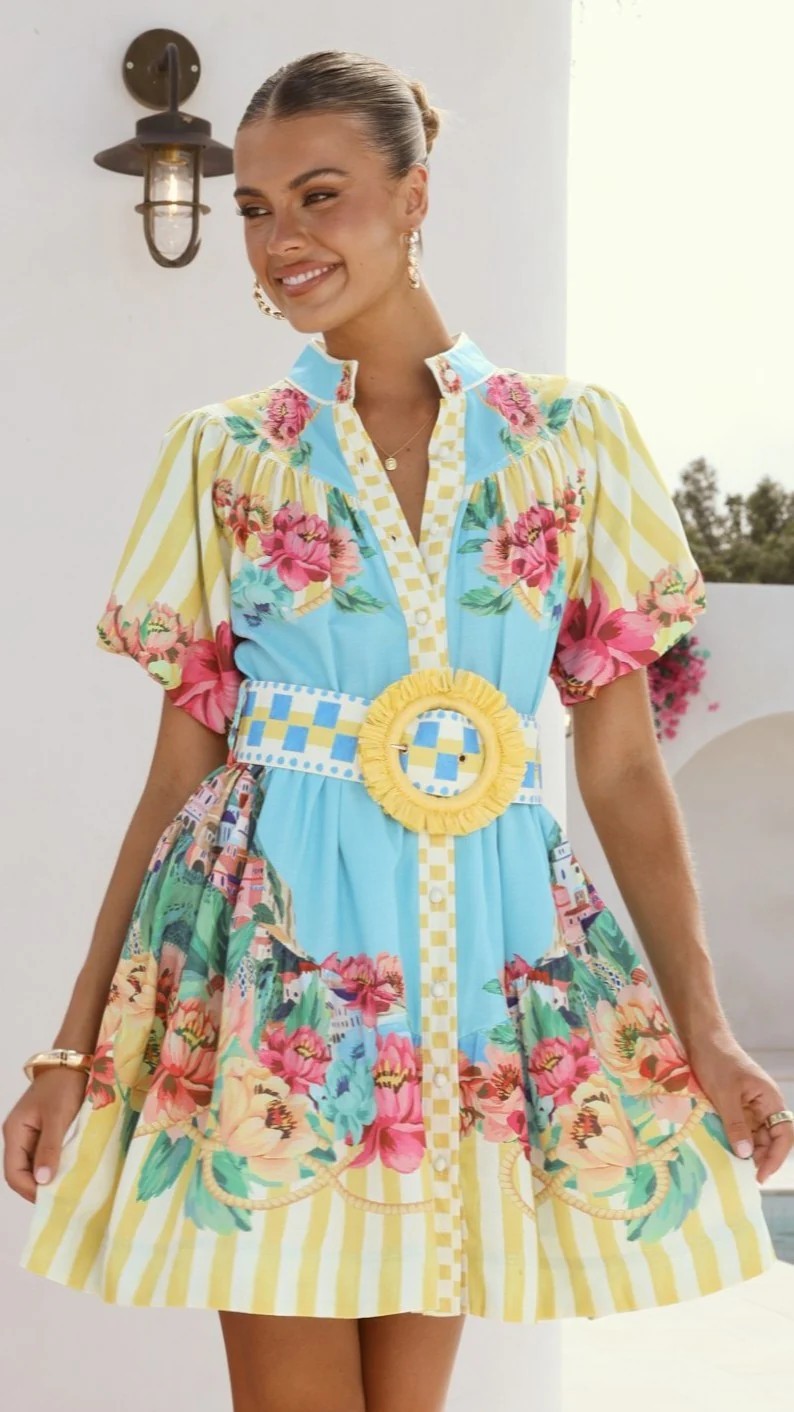 Casual Elegant Linen Puff Sleeve Waist Dress