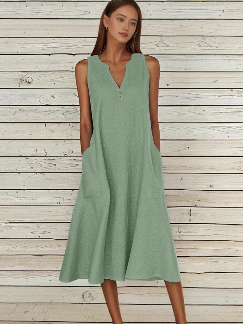 Women's Linen Ethnic Greek Sleeve Maxi Sleeveless Dress